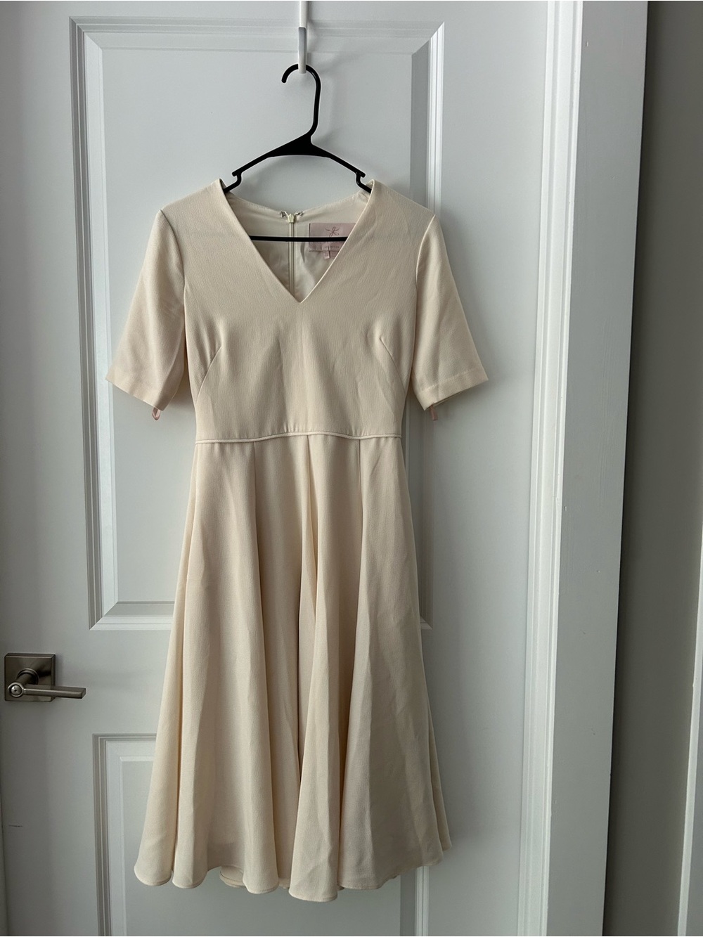Gal Meets Glam Cream V-Neck Midi Fit-and-Flare Dress